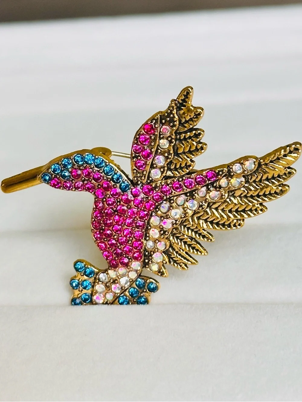 NEW! Gold Hummingbird Brooch with Pink, Blue, and Clear Stones